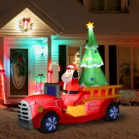 HOMCOM 7.5ft Christmas Inflatable Santa Claus Driving a Fire Truck with Tree, Outdoor Blow-Up Yard Decoration with LED Lights Display(m-10)