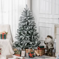 HOMCOM 5 Foot Artificial Flocked Christmas Tree with Snow, Metal Stand, Hinged Xmas Tree for Home Office Holiday(m-8)