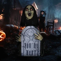Outsunny 30" Life Size Outdoor Halloween Decorations Female Ghost with Tombstone, Animated Prop Animatronic Decor with Sound and Motion Activated Light Up Eyes, Spooky Sound(m-2)
