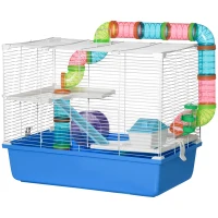 PawHut 3-Tier Large Toy-Filled Steel Small Animal Cage, Includes Exercise Wheel, Water Bottle, Food Dish, Blue(m-2)