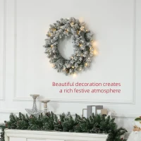 HOMCOM 24" Christmas Front Door Wreath with Lights Flocked Christmas Wreath with Pine Cones and Berries for Windows Green(m-4)