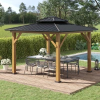 Outsunny 11' x 11' Wood Frame Hardtop Gazebo Galvanized Steel Canopy Outdoor Shelter with Double Vented Roof for Garden, Lawn, Poolside, Black(m-8)