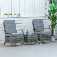 Outsunny 3 Piece Outdoor PE Rattan Patio Furniture Set Bistro Set w/ Cover, Tempered Glass Tabletop for Balcony, Pool, Grey(m-1)