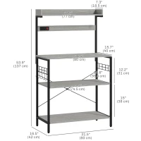 HOMCOM Kitchen Baker's Rack with Power Outlet, Coffee Bar Station with Adjustable Shelves and Hooks, Distressed Grey(m-3)