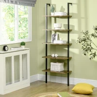 HOMCOM Industrial Wall Mounted Ladder 5-Tier Bookshelf, Brown(m-10)