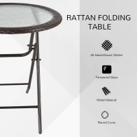 Outsunny 26.8" Dia. (68 Dia. cm) Folding Round Tempered Glass Metal Table with Brown Rattan Edging, Brown(m-4)