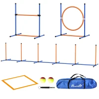 PawHut 4 Pcs Agility Training Equipment for Dogs w/ Weave Poles Adjustable Hurdle Jumping Ring, Pause Box for Backyard Orange(m-1)