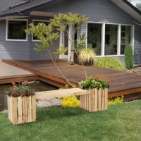 Outsunny Outdoor Wooden Garden Stool Bench with 2 Planters, Natural Wood(m-8)