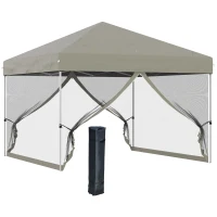 Outsunny 10' x 10' Pop-Up Party Tent Outdoor Canopy Tent with Mesh Sidewalls, 3-Level Adjustable Height, Roller Bag, Beige(m-11)