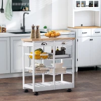 HOMCOM Rolling Kitchen Island Trolley Serving Cart Wheeled Storage Cabinet w/ Basket Shelves and Drawers White(m-1)