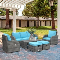 Outsunny 6 Pieces Patio Furniture Set, Conversation Set Wicker Sectional Set Cushioned Outdoor Rattan 3-Seat Sofa, 2 Adjustable Recliners, 2 Footstools & Table Set for Lawn Garden Backyard, Sky Blue(m-1)
