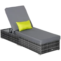 Outsunny Patio Wicker Lounger, Outdoor PE Rattan Single Chaise Lounge w/Adjustable Recliner Backrest, Cushion, & Pillow, Grey(m-2)