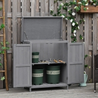 Outsunny Wooden Garden Tool Storage Shed Kit with Hinged Roof, 2-Tier Shelves and Double Doors, 74x43x88cm, Dark Grey
