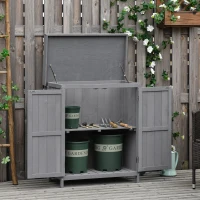 Outsunny Wooden Garden Tool Storage Shed Kit with Hinged Roof, 2-Tier Shelves and Double Doors, 74x43x88cm, Dark Grey(m-1)