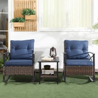 Outsunny 3 Piece Rocking Bistro Set, Outdoor Wicker Patio Conversation Set with Rockers, Table, Cushions, for Garden, Dark Blue(m-10)