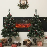 HOMCOM 4FT Pre-Lit Decorated Christmas Tree with Red Berries and Pine Cones Snow Flocked Christmas Tree with LED Lights Green(m-9)