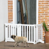 PawHut 23.5"H Foldable Dog Gate with Door, 4 Panels Freestanding Pet Gate Barriers Indoor with Support Feet, Puppy Fence for Small Dogs, White(m-8)