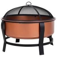 Outsunny 30 Inch Outdoor Fire Pits, Copper-Colored Round Basin Camping Fire Pit, Wood Burning Firepit Bowl with Ornate Black Base, Log grate, Wood Poker, & Mesh Screen for Embers(m-11)