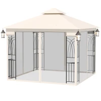 Outsunny 10'x10' Soft-top Patio Gazebo with Double Tier Roof, Mesh Curtains, Display Shelves, Top Hooks, Cream(m-10)