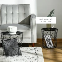 HOMCOM Set of 3 Nesting Coffee Tables with Storage, Round End Table with Removable Tray, Basket Side Tables with Metal Frame for Living Room, Black(m-6)