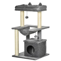 PawHut 39.25'' Cat Tree Tower Multi-Level Kitten House with Scratching Post Condo Hammock Bed Ball Toy - Grey(m-11)
