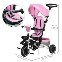 Aosom 6-in-1 Toddler Tricycle for 12-50 Months, Foldable Kids Trike with Adjustable Seat and Push Handle, Safety Harness, Removable Canopy, Footrest, Pink(m-3)