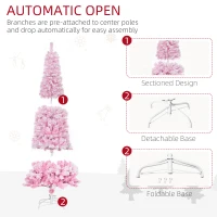 HOMCOM 6ft Tall Unlit Snow Flocked Artificial Christmas Tree Slim Pencil Xmas Tree with Pine Shape and Realistic Branches, Pink(m-6)