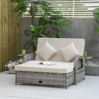 Outsunny Patio Rattan Daybed with Cushions, Wicker Outdoor Bed Lounger w/ Loveseat, Storage Ottoman, Coffee & Side Tables, for Poolside, Porch, Backyard, Gray(m-10)