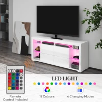 HOMCOM TV Stand with LED Lights for TVs up to 55", High Gloss TV Cabinet with Flip Doors and Glass Shelves, White(m-4)