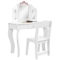 Qaba Kids Vanity Set, Dual-Use Dressing Table with Removable Tri-Folding Mirror and Drawer, for Ages 3-8, White(m-11)
