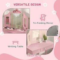 Qaba Kids Vanity Set, Dual-Use Dressing Table with Removable Tri-Folding Mirror and Drawer, for Ages 3-8, Pink(m-5)