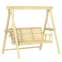 Outsunny 3 Seat Wooden Porch Swing with Stand, Patio Swing with Side Tables, for Garden, Poolside, Backyard, Natural Wood(m-1)