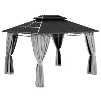 Outsunny 10' x 12' Outdoor Hardtop Gazebo Canopy w/ Double PC Roof, Steel Frame, Nettings, Curtains for Garden Lawn Deck, Grey(m-11)