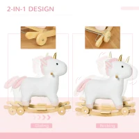 Qaba 2 in 1 Kids Rocking Horse, Rolling Unicorn with Sound, Wooden Base, Pedal, Grip Handle, for 3-6 Years Old, White(m-5)