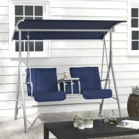 Outsunny 2-Seater Outdoor Porch Swing with Canopy and Table, Patio Swing Chair for Garden, Poolside, Backyard, Dark Blue(m-10)