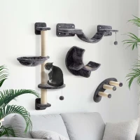 PawHut Cat Wall Shelf with Scratching Post, Play Balls, Platforms, Dark Grey(m-8)