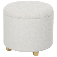 HOMCOM 18" Round Ottoman with Storage, Teddy Fleece Button Tufted Foot Stool with Lid, Wood Legs for Living Room Hallway, White(m-1)