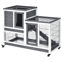 PawHut Wooden Rabbit Hutch Elevated Bunny Cage Indoor Small Animal Habitat with Enclosed Run with Wheels, Ramp, Removable Tray for Rabbits, Chickens, Ducks, Guinea Pigs, Gray