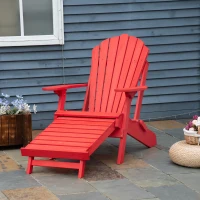 Outsunny Folding Adirondack Chair with Ottoman, Outdoor Wooden Lounger for Patio, Porch, Poolside, Garden, Red(m-8)