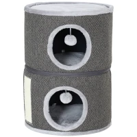 PawHut 2-Story Cat Condo Barrel Tree with Top Perch, 2 Hideaways, Scratching Board, Removable Cushions, Toy Balls, Dark Grey(m-2)