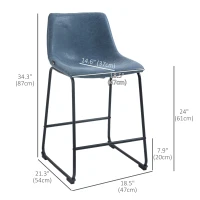 HOMCOM Counter Height Bar Stools Set of 2, Vintage PU Leather Bar Chairs, Kitchen Stools w/ Footrest for Home Bar, Blue(m-3)