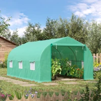 Outsunny 15' x 10' x 7' Walk-in Greenhouse Outdoor Plant Tunnel Warm Hot House w/ Roll Up Door and 6 Mesh Windows, Steel Frame, Green(m-8)