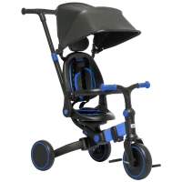 Qaba 3-in-1 Toddler Trike, Push Tricycle, & Balance Bike with Adjustable Settings, Toddler Push Bike, Baby Bike with Shady Canopy, Ages 1.5-4, Blue(m-1)