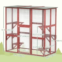 PawHut 71" x 39" x 71" Cat Cage, Large Outdoor Wooden Cat Patio with 6 Balanced Platforms and Asphalt Roof, Wine Red(m-3)