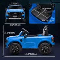 Qaba Ford Ranger Licensed 12V Ride on Car Battery Powered Kids Truck w/ Rear Storage Remote, Spring Suspension, Blue(m-3)