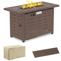 Outsunny 42 Inch Outdoor Propane Gas Fire Pit Table, 50,000 BTU Auto-Ignition Rectangular Gas Firepit with Slat Tabletop, Lid, Lava Rocks, Rain Cover, CSA Certification, Brown(m-1)