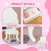 Qaba Kids Vanity Table and Stool, Makeup Vanity Girls Dressing Table Set with Tri-folding Mirrors Drawer Star and Heart Pattern, White(m-5)
