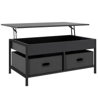 HOMCOM Industrial Coffee Table, Lift Top Coffee Table with Storage, Live Edge Coffee Table with Open Shelves and Fabric Boxes(m-2)