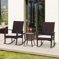 Outsunny 3 Pieces Patio Wicker Rocking Chair Set,  Outdoor PE Rattan Bistro Set Conversation Rocker Set with 2 Chairs 1 Coffee Table for Backyard, Deck, Poolside, Cream White(m-8)