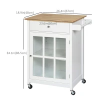 HOMCOM Rolling Kitchen Cart with Drawer and Glass Door Cabinet, Kitchen Island on Wheels with Towel Rack, White(m-3)